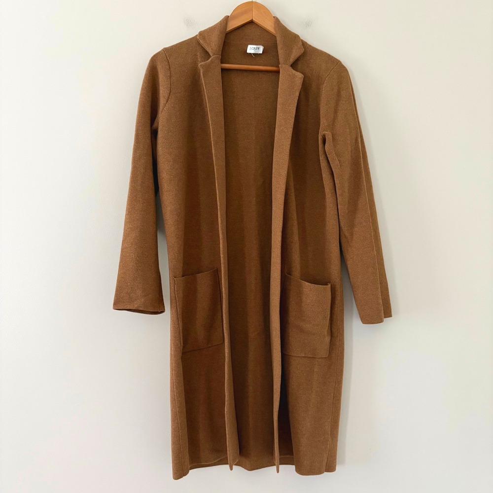 J.Crew Sweater Blazer BC571 Medium Brown Open Front Long Cardigan Cotton Knit